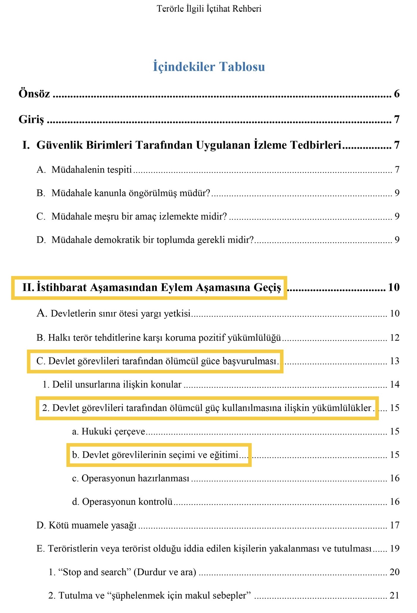 Illustration of the Table of Contents from the Turkish case law guide on Terrorism